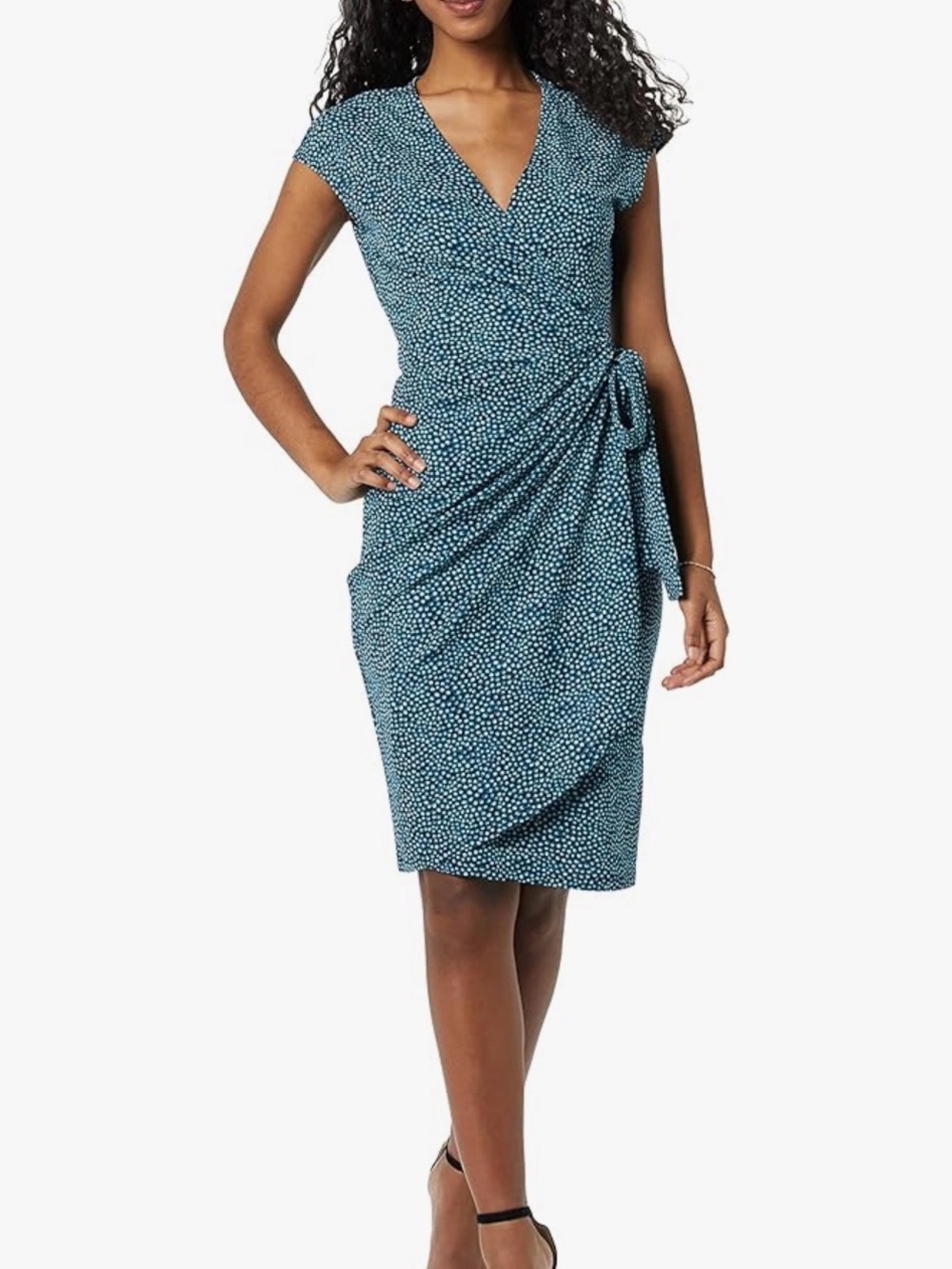 Blue Ditsy Dot Wrap Stretch Midi Dress in Cream and Black XS